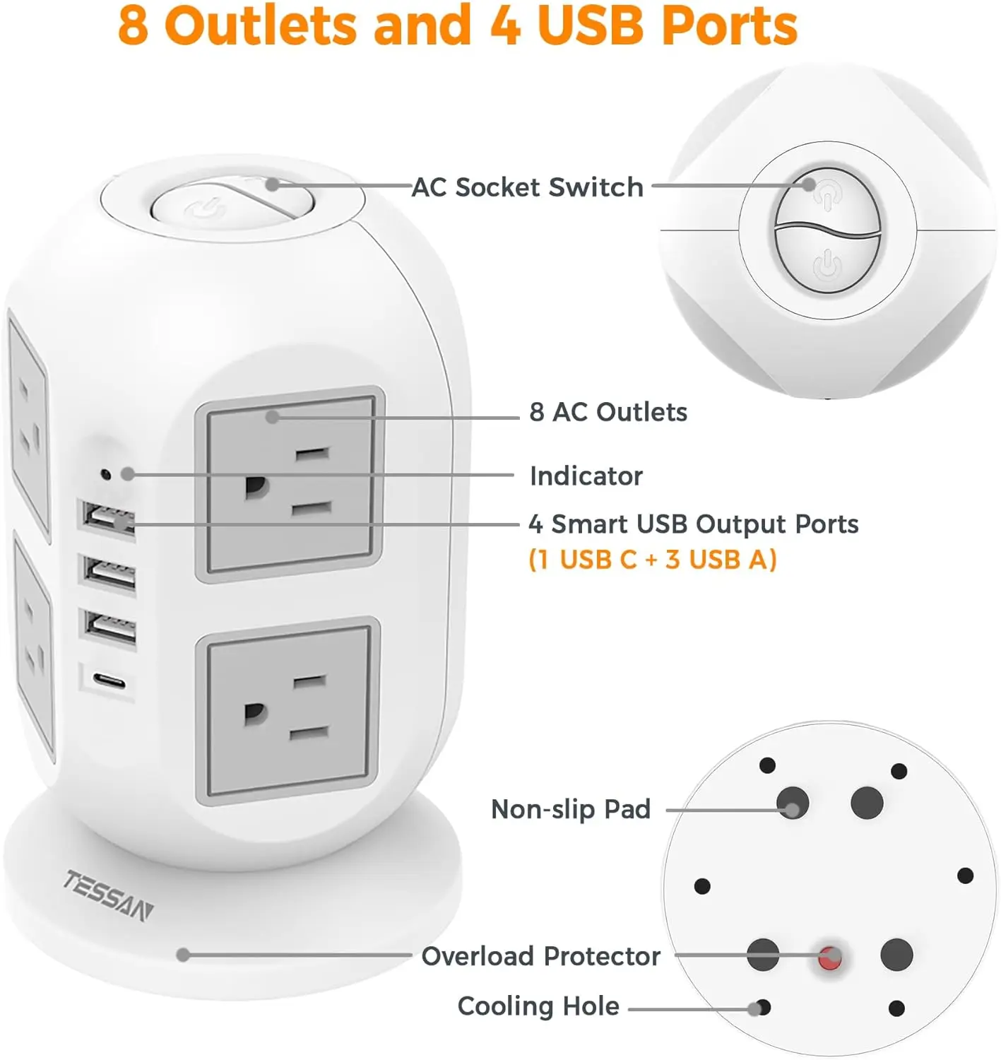 TESSAN Tower Surge Protector Power Strip with 8 Outlets 3 USB Ports 1 Type C 10ft Ultra Thin Flat Extension Cord for Home Office