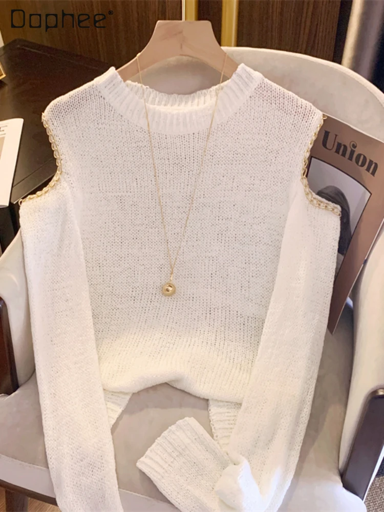 

Женский тонкий трикотажный свитер, изысканный однотонный тонкий свитер без бретелек с цепочкой и круглым вырезом для ранней весны, 2023