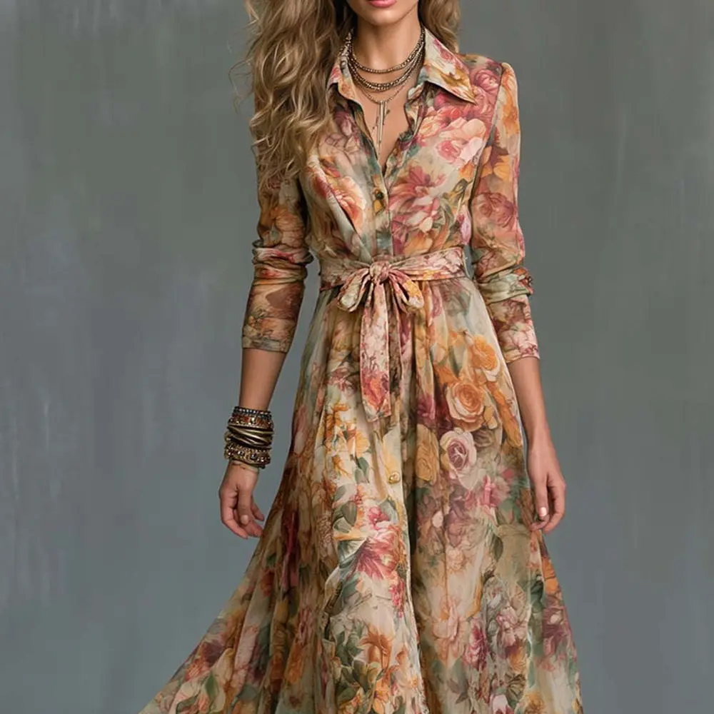 Damen Vintage Blumenmuster Hemdkleid, Elegantes Langarm-Maxikleid mit Kragen, A-Linie mit Gürtel, Fließender Saum, Boho-Urlaubskleid