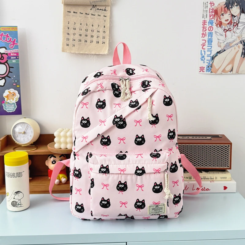 Sweet Cool Bow Cat and Dog Pattern Girl's Backpack Nylon Large Capacity Diagonal Zipper Student Double Backpack Campus Outdoor