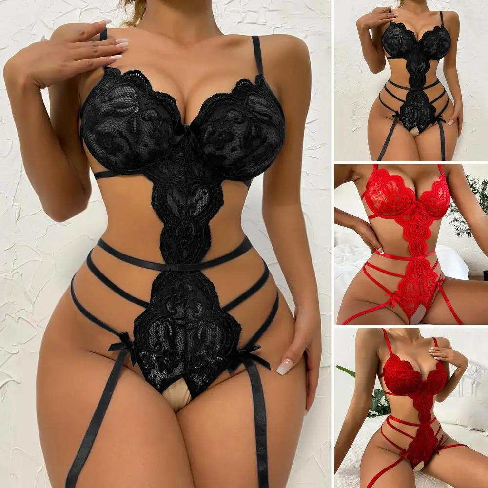 Sexy Lingerie Halter Bra Set Women Open Solid Mesh Lace Patchwork Chemises Underwear Set With Garter Belts Hot Erotic Costumes