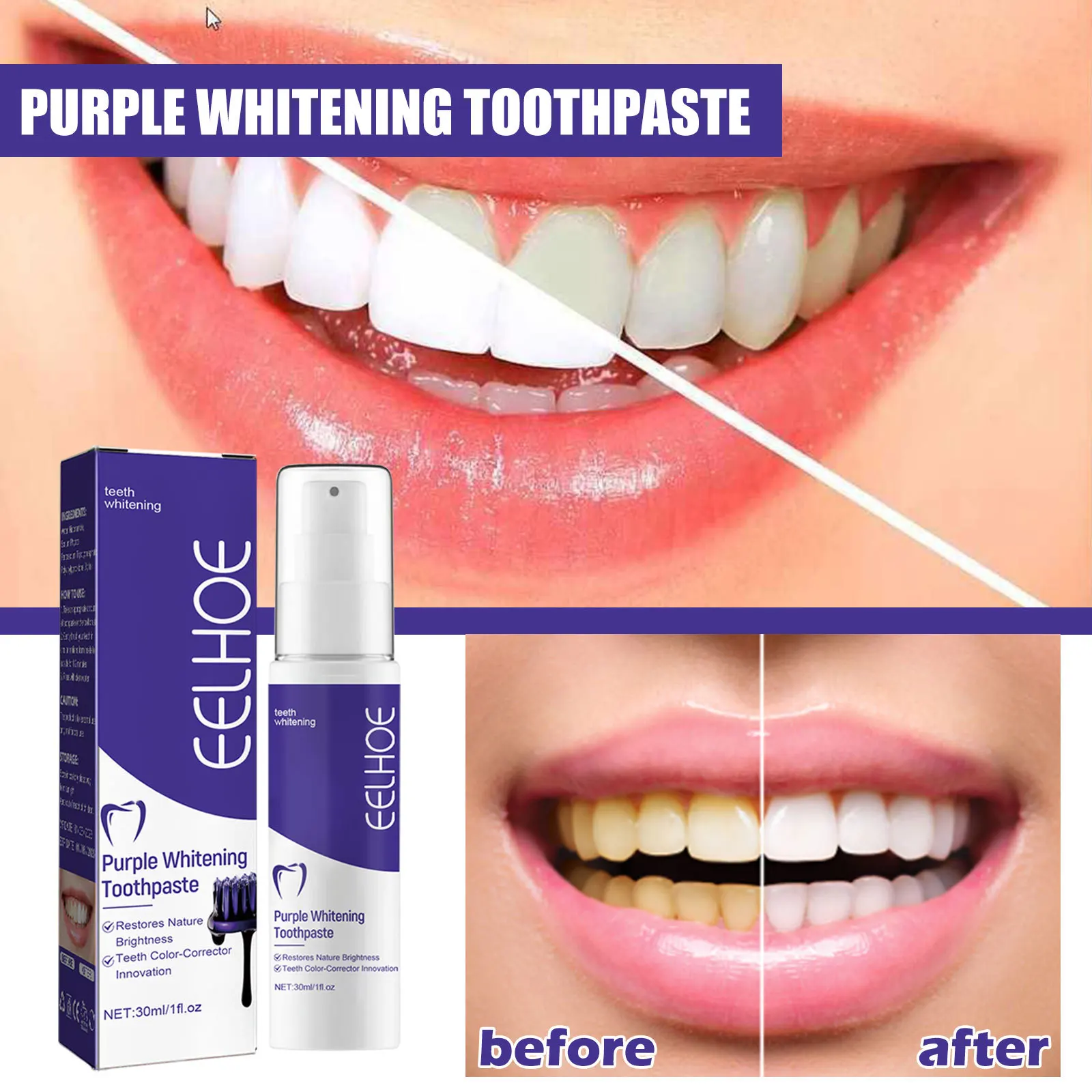 Purple Toothpaste Whitening Effective Dental Whitening Teeth Cleaning Tartar Removal Extreme Whiteness Foam Teeth Oral Care 30ml