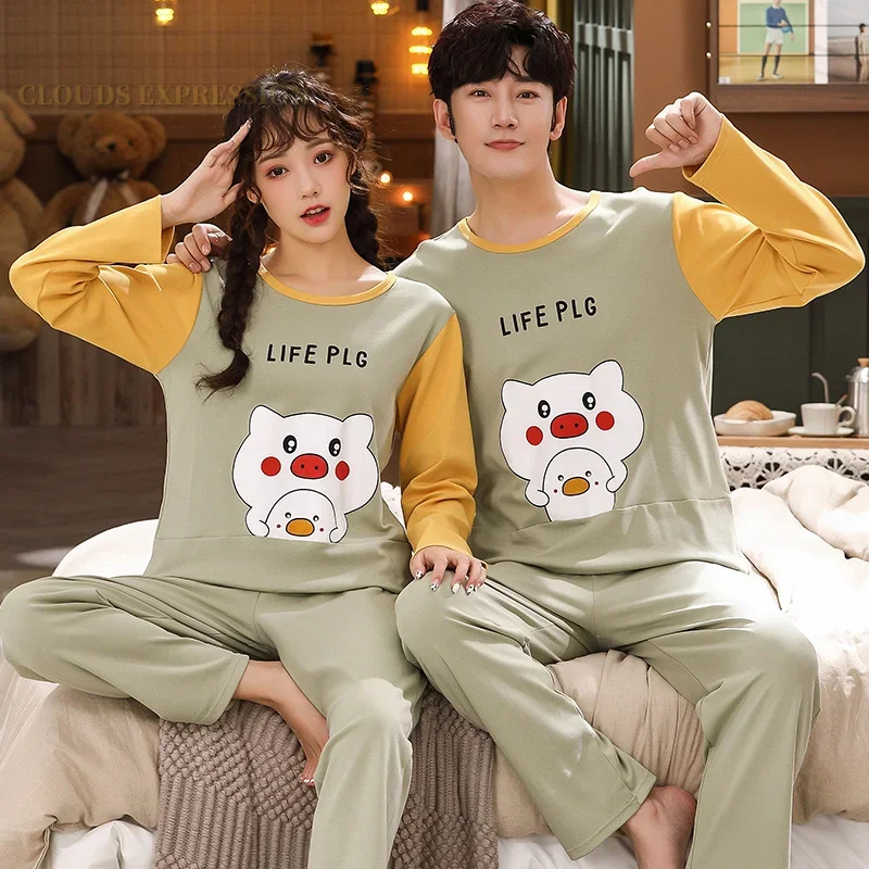 Spring Autumn Knitted Cotton Cartoon Men\'s Pyjamas Plaid Pajamas Set Casual Male Sleepwear Pyjamas Night Pijamas 4XL Homewear