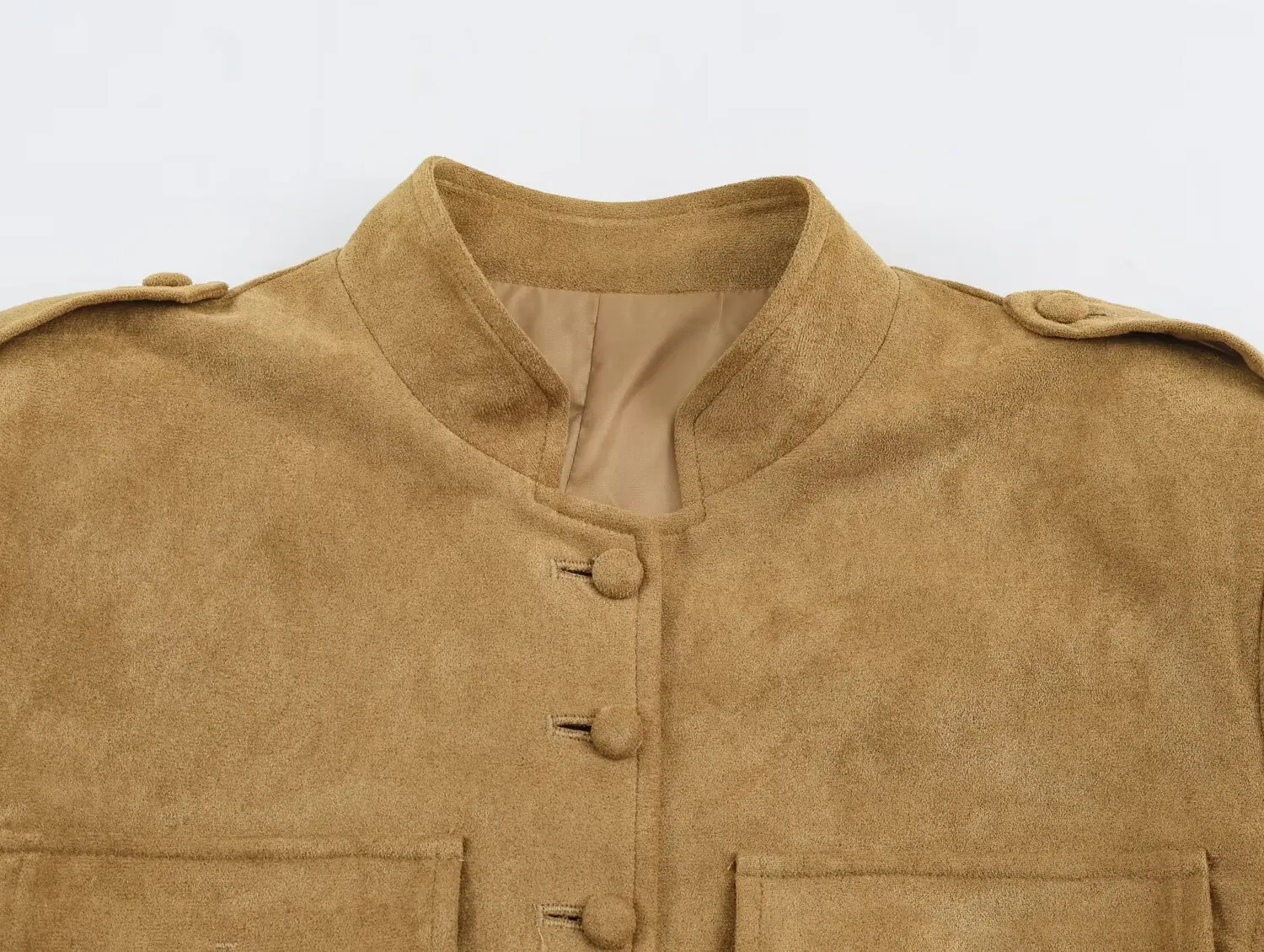 Damen Slim-Fit Jacke Stehkragen Langarm Einreihig mit Taschen Einfarbiger Wildledermantel 2026 Herbstmode Pendler-Oberbekleidung – Detail 4