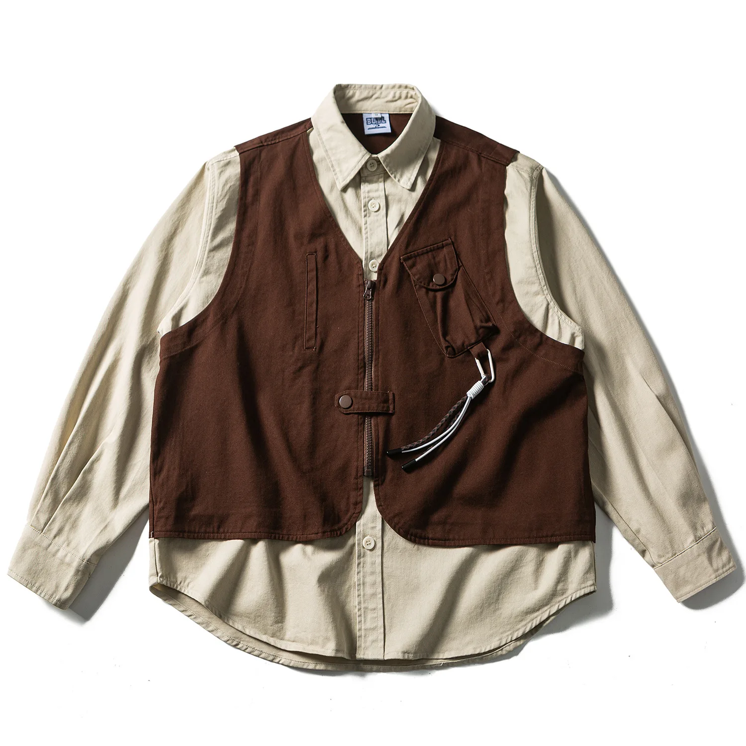 

Japanese Amekaji Fake Two Pieces Work Clothes Long Sleeve Washed Patchwork Vest Shirts Casual Splice Color Loose Shirt Clothes