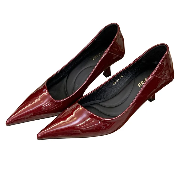 

6cm Kitten Heels Burgundy Shoes For Woman Pointed Toe Low Heel Ladies Pumps Comfort Patent Leather Blue Shoes