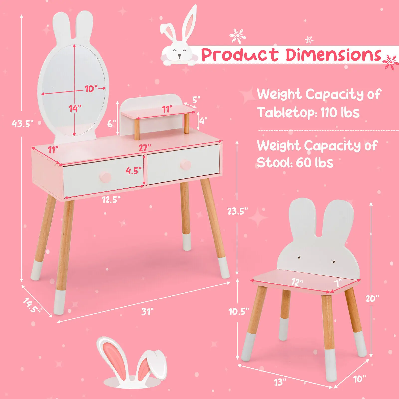 Babyjoy Kid Vanity Set Makeup Table Stool with Drawer Shelf Wood Leg Rabbit Mirror White