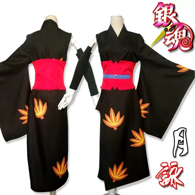 Tsukuyo Cosplay Costume Gintama Hyakka Leader Black Kimono Yukata Full Set with Fishnet Stockings Kunai Hairpin Halloween