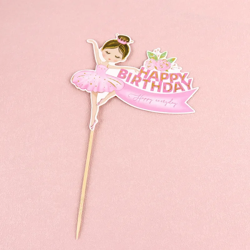 Pink Ballerina Girl Cake Topper Toppers Crown Dress Kids Happy Birthday Wedding Party Baby Shower Baking Cake Dessert DIY Decor