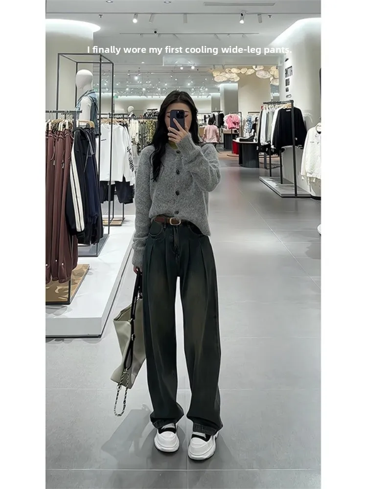 Plus Size Fce-gefütterte Thi-Denim-Jeans für Damen, hohe Taille, weites Bein, gerader Schnitt, lässig, bequem, atmungsaktiv, verschleißfest