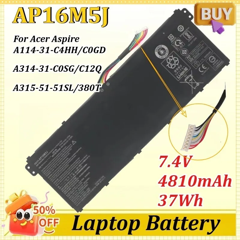 

AP16M5J 7.4V 4810mAh 37Wh Laptop Battery for Acer Aspire ES1-523 A114-31 A515-51-75UY 563W 53TH A314-31 A314-32 A315-51 A315-21