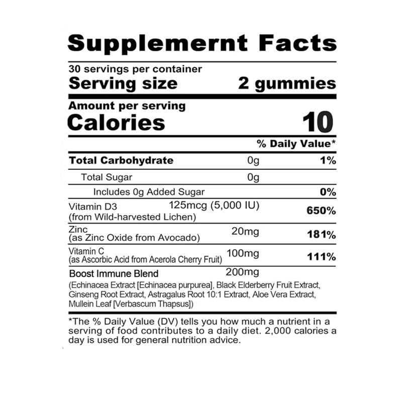 Sugar free vitamin C+D3+adult zinc gummies 50+9-in-1 immune defense supplement to enhance immunity for vegetarians