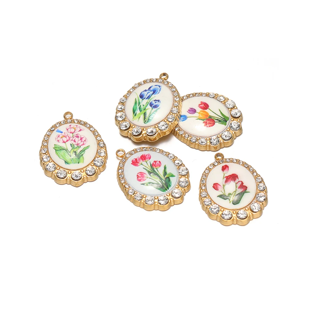 3 Stück Edelstahl-Emaille-Blumenanhänger, ovale Halskettenanhänger für DIY-Schmuckherstellung für Mädchen, Armbänder, Ohrringe, Bastelzubehör – Detail 3