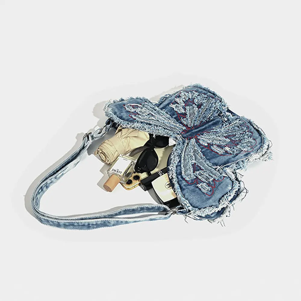 حقيبة ظهر متقاطعة على شكل فراشة بكتف واحد للنساء والفتيات حقيبة ظهر عصرية من قماش الدنيم للنساء والفتيات