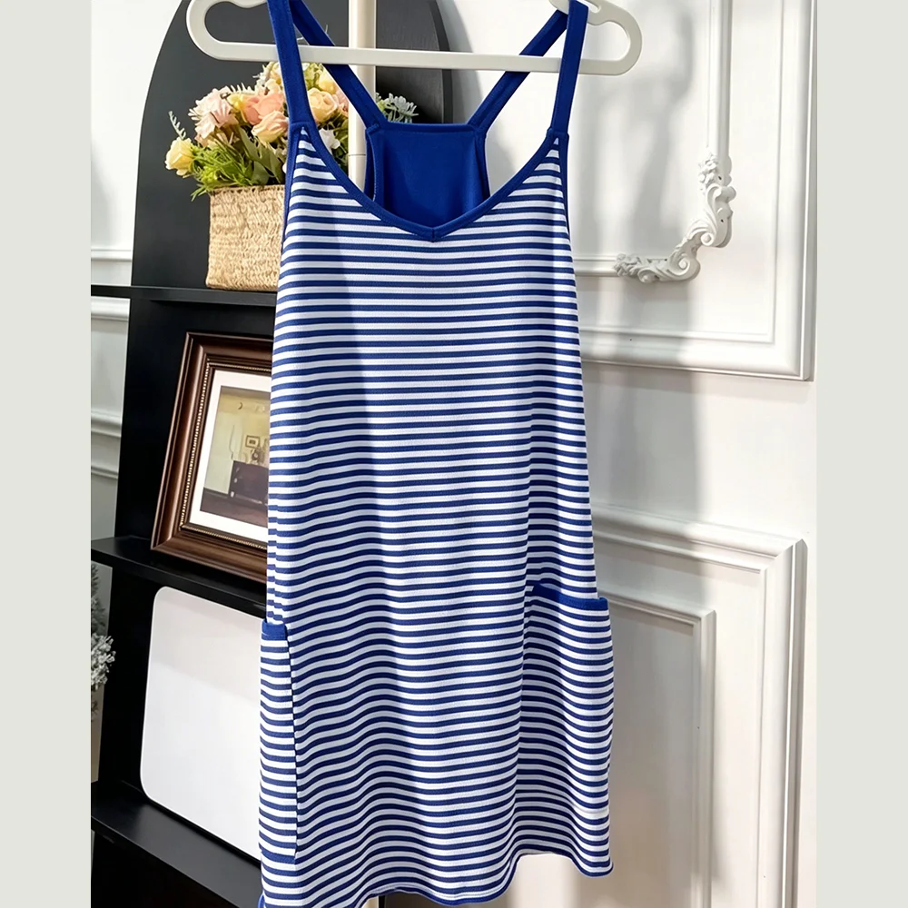 Striped Racerback Cover Up Dress with Side Pockets Women Sleeveless Loose Beach Tunic Casual Bikini Swim Coverup Summer Outfit