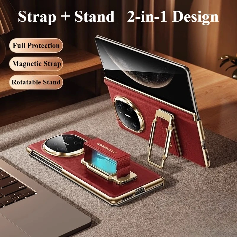 Oatsbasf Dual Strap Leather Phone Case for Huawei Mate X6 with Stand 360° Rotatable Smart View Window Slim Bumper Full Covers
