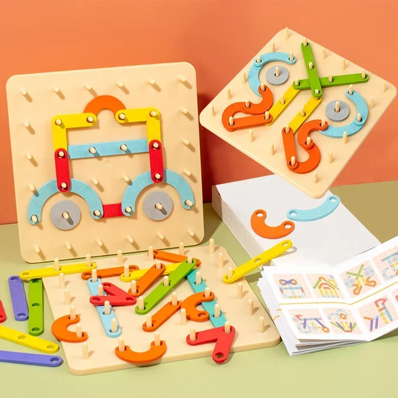 Jouets Géoboards en Bois Montessori pour Enfant, Jeu de Colonne Géométrique, Puzzle de Construction, Panneau Perforé, Sensoriel