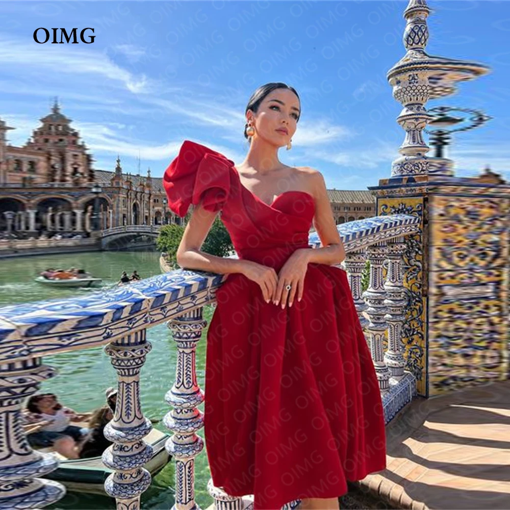 

OIMG Red Long Elegant Formal Party Dresses One Shoulder Bow A Line Short Evening Gowns Night Club Dress Robe de soiree