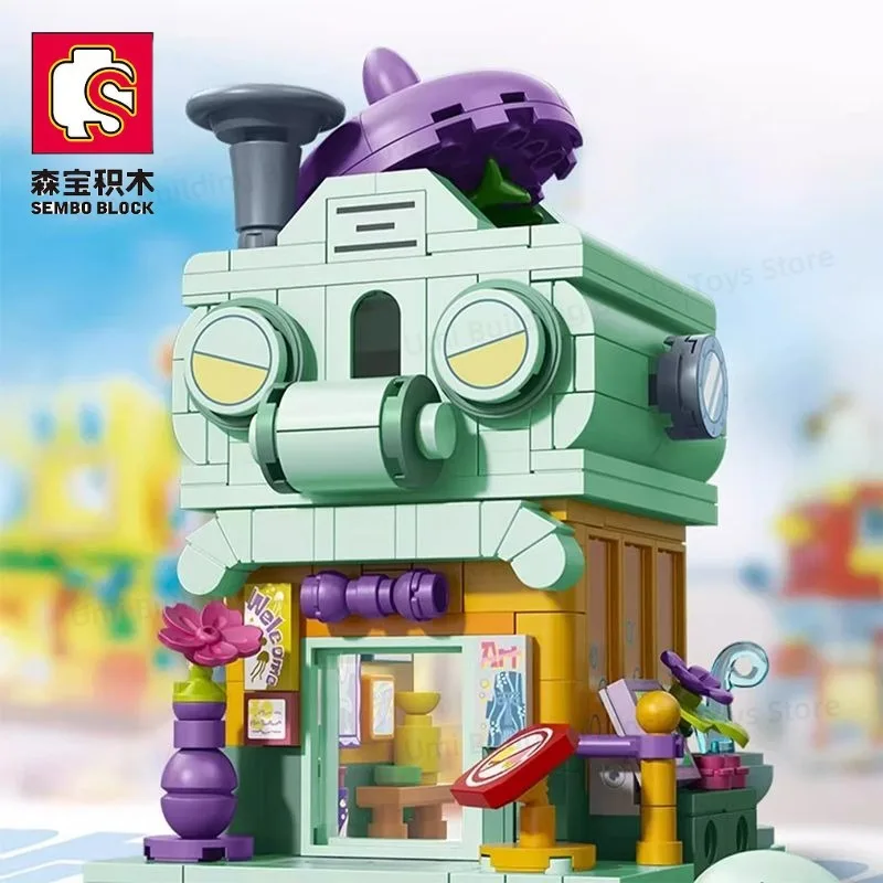 SEMBO BLOCK-bloques de construcción de Bob Esponja, bloques de construcción de doble capa, ensamblaje de escena callejera, modelo de adornos, regalo de vacaciones para niños