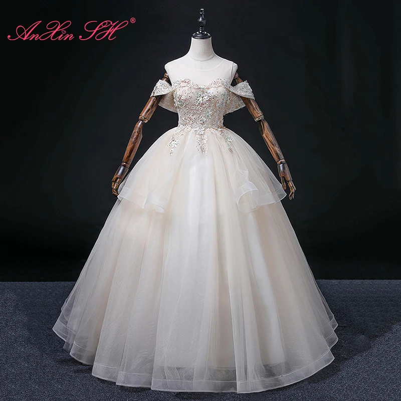 

AnXin SH princess champagne flower lace boat neck beading crystal sparkly ruffles party ball gown customized evening dress