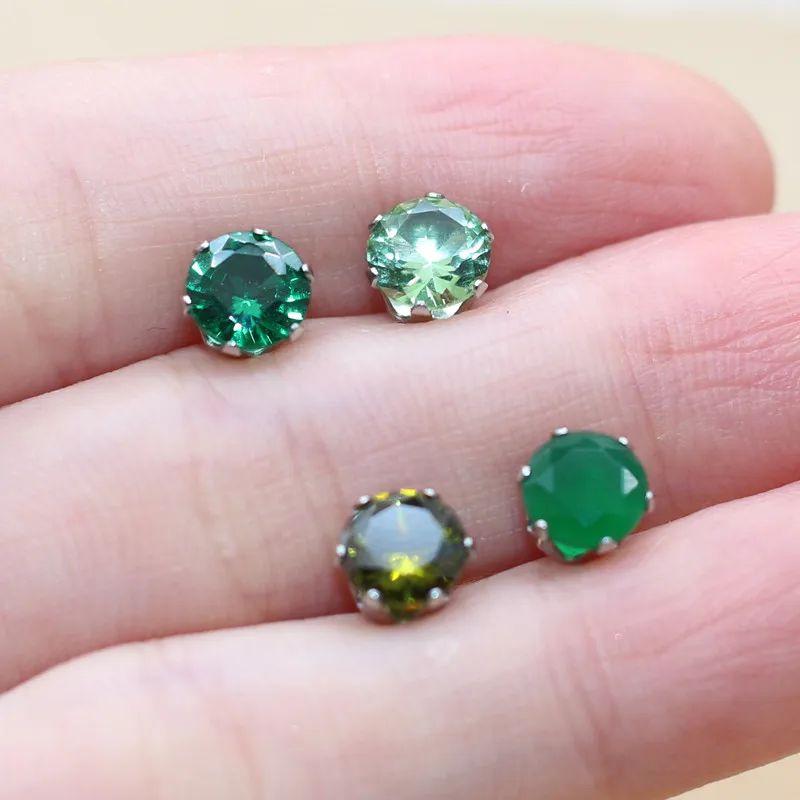 Brief Vintage Style 6mm Green Stone Stud Earrings Jewelry With 316 L Stainless Steel For Unisex Anti Allergy