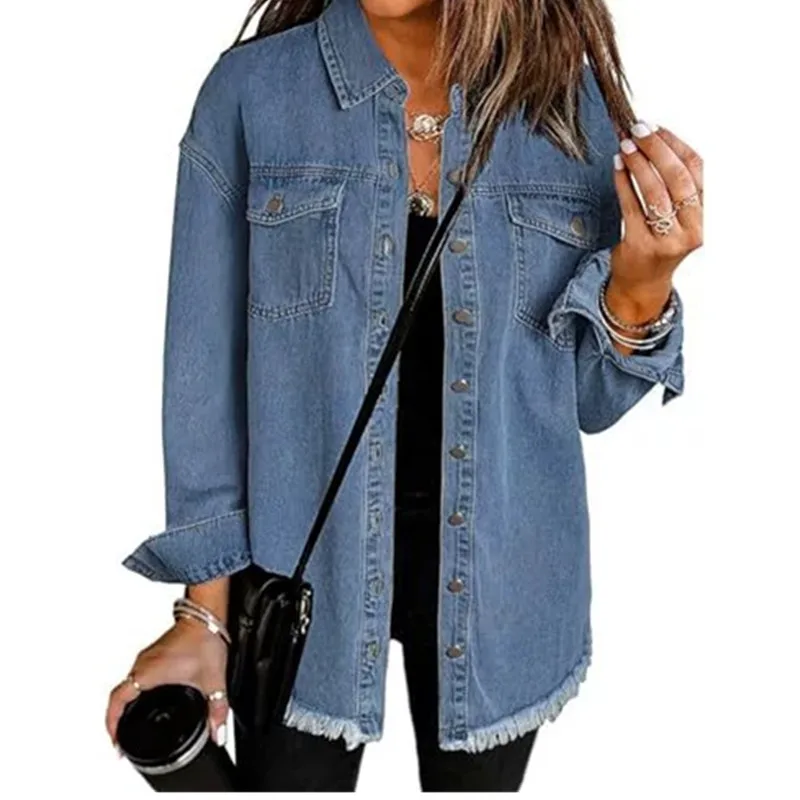 2026 Spring Autumn New Long Sleeve Denim Shirt for Women Medium Length Solid Color Loose Design Female Cowboy Coat Casual Top