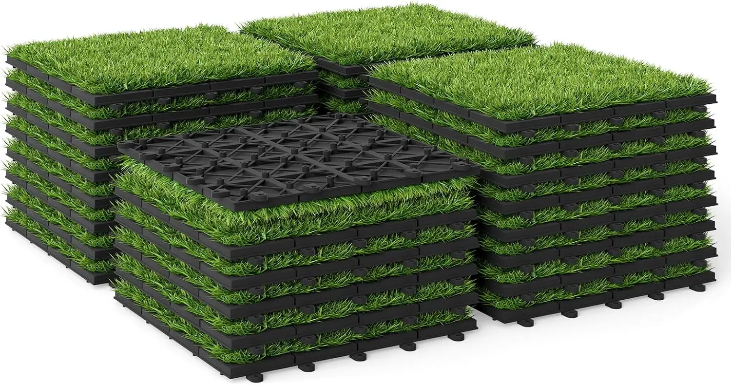Giantex Artificial Grass Interlocking Deck Tiles, 30 PCS Fake Turf Flooring with Drainage Base, Snap-Together Outdoor Grass Tile
