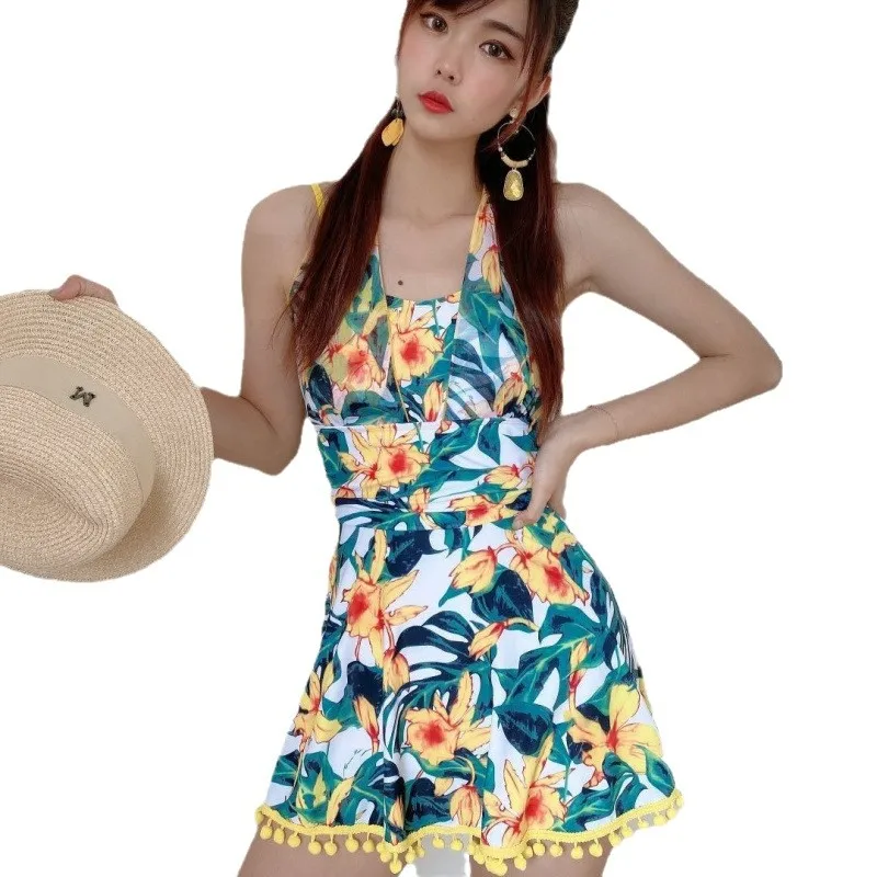 Minsu One-Piece Swimsuit Skirt Boxer Shorts Yellow Vibrant Conservative Pure Girl Vacation Travel Summer