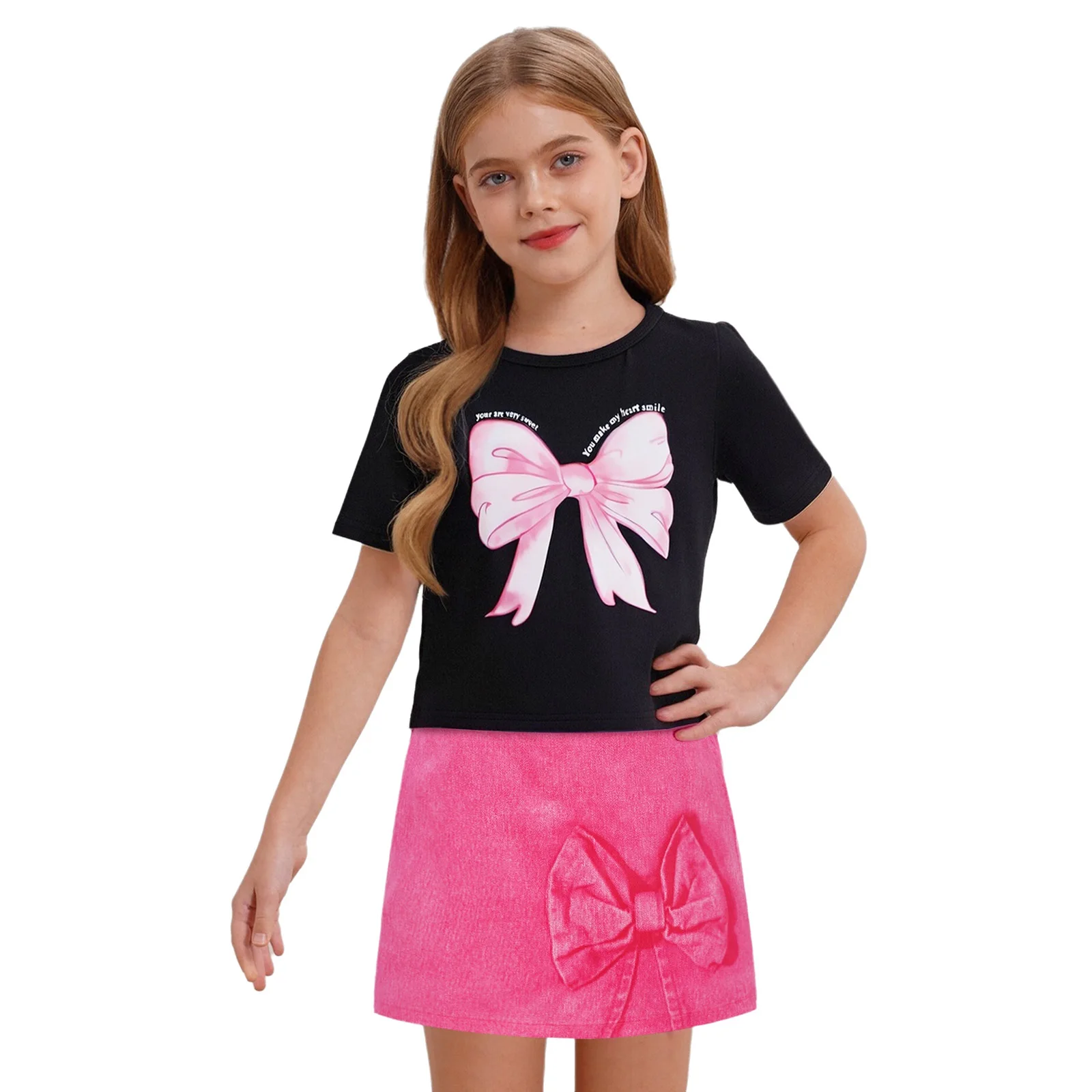 

Kids Girls Cute Bowknot Printed Casual Outfit Summer Round Neck Short Sleeve T-shirt with Culotte for Birthday Vacation Beach