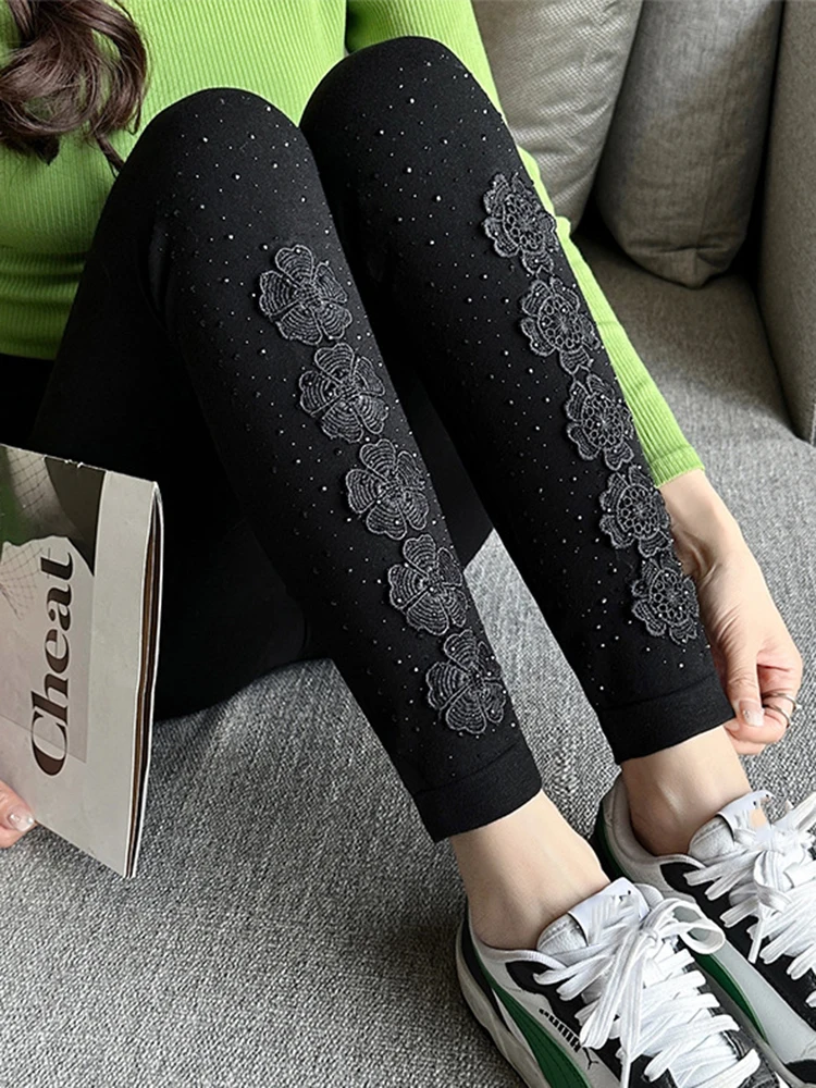 Pantalones pitillo con diseño Floral para mujer, Leggings sexys con lazo, informales, color negro, novedad