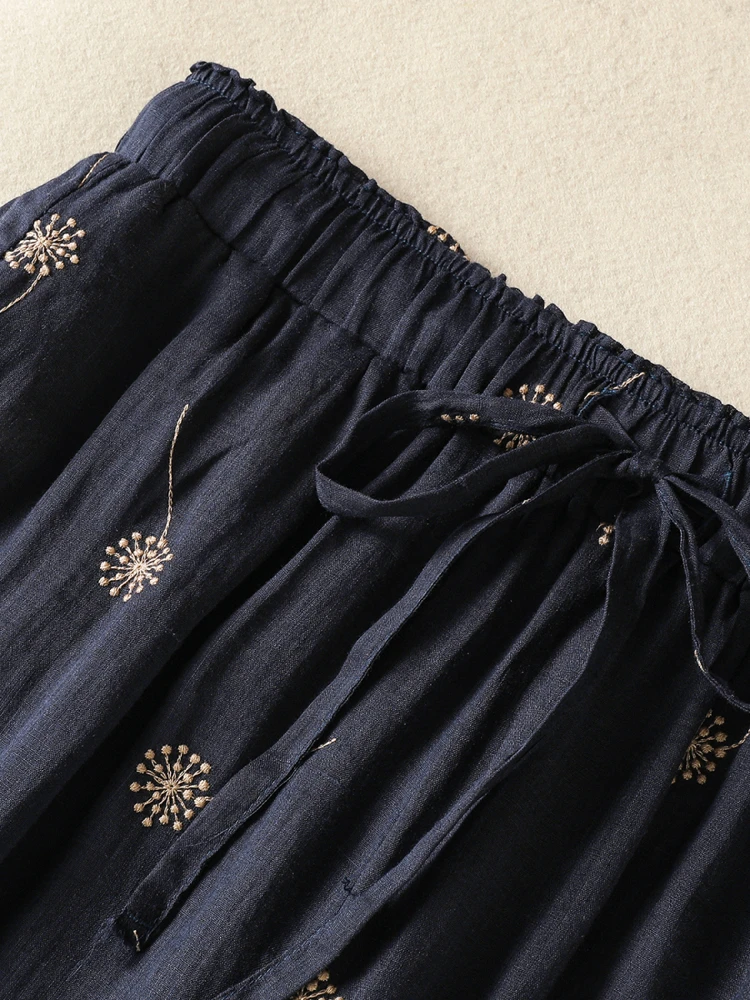 Pantalones de pierna ancha de lino y algodón con bordado pesado Retro para mujer, pantalones holgados adelgazantes informales de lino de pierna recta, pantalones de nueve piezas