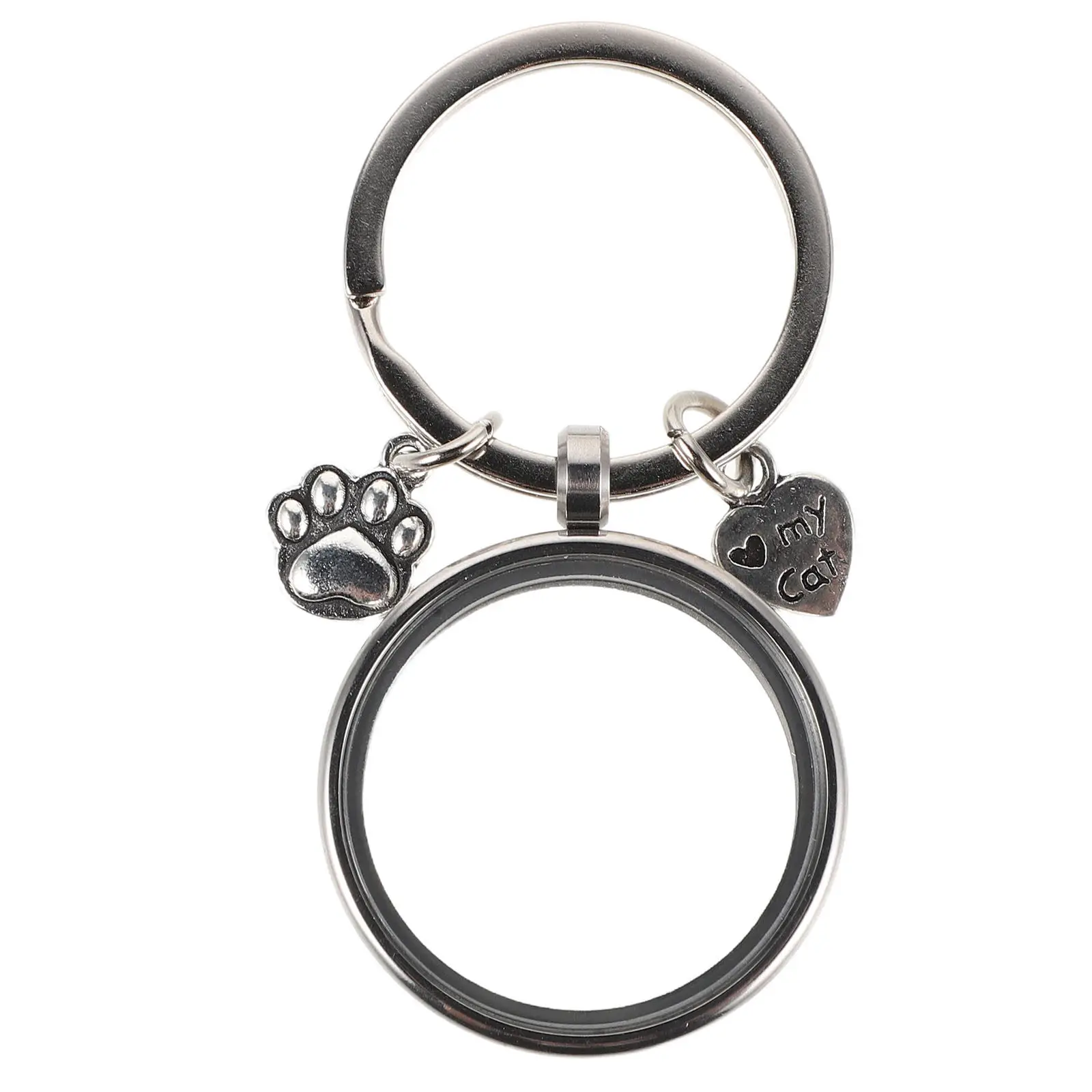 Cat Hair Memorial Keychain Hair Locket Keepsake Accommodates Ashes Or Photos Heart and Paw Charms Crystal Clear Visual Panel