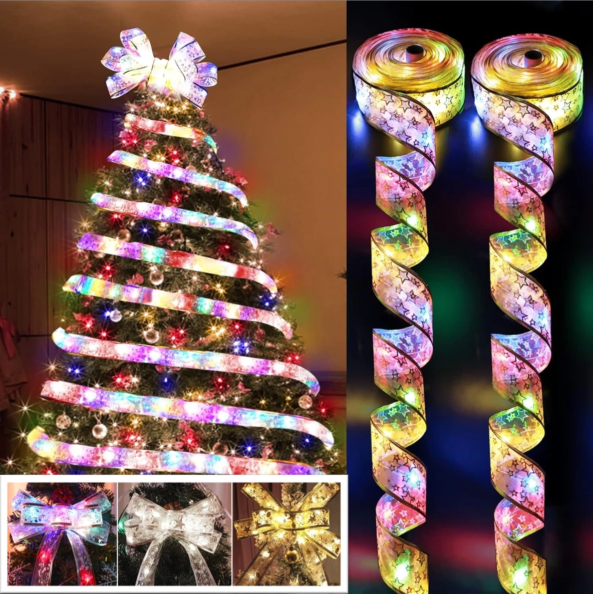 

2Pack Christmas Ribbon Fairy Light Christmas Decoration DIY Bows String Light Tree Ornaments For Home 2024 Xmas Decor New Year