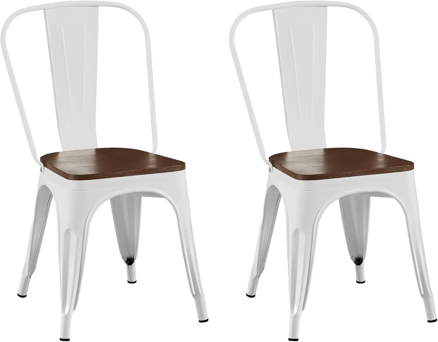 

Stackable Metal Dining Chairs Set of 2, Indoor Outdoor Use, Farmhouse Kitchen Bar Patio Bistro Cafe, High Gloss White/Wooden
