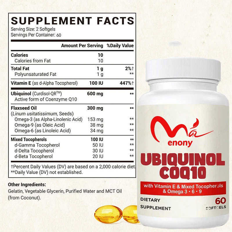 Coenzyme Q10-600mg supplement, containing vitamin E and Omega, powerful antioxidant to generate energy, 60 capsules