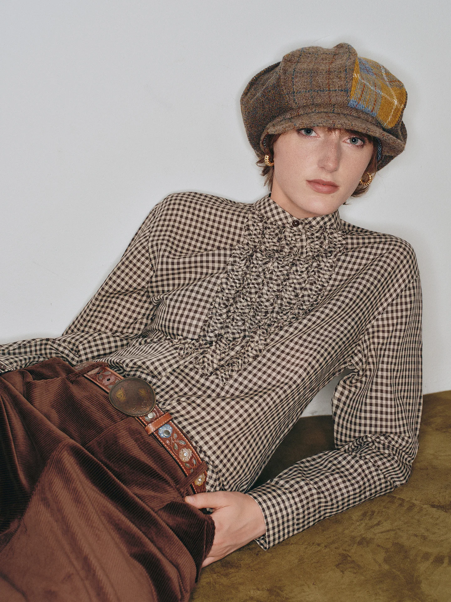 

Loose Fit Coffee Plaid irt Vintage Sle round Ne Button up Women's Casual irt Han Haax Fabric Tu Sle Design