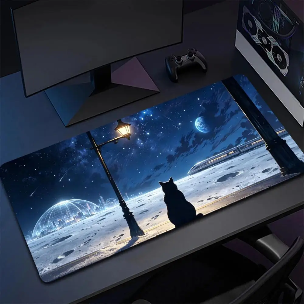 Cosmic Starry Night Black Cat Large Mouse Pad Futuristic City High Speed Train Snow Scene Desk Mat for Gaming Office Decor