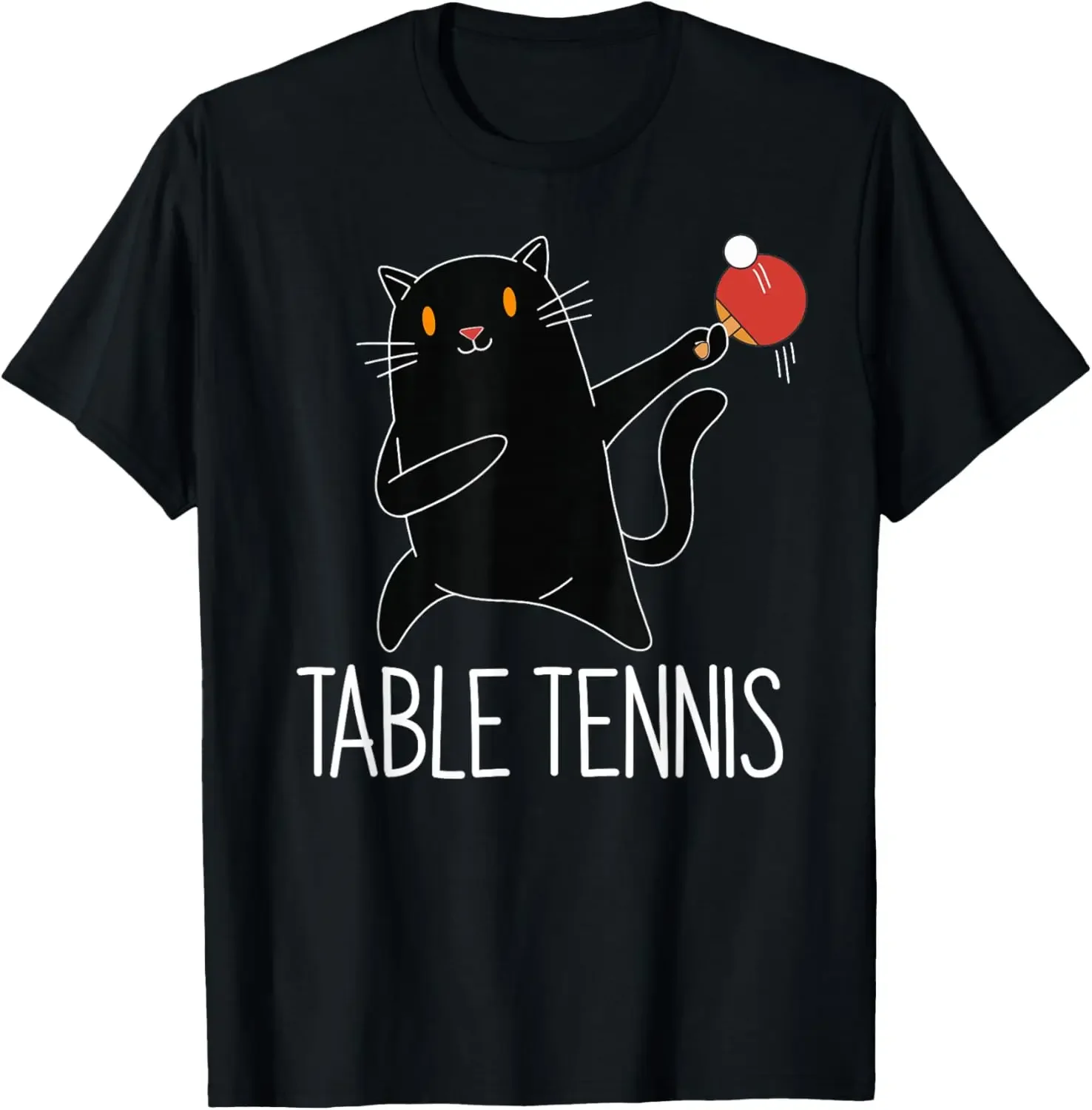 

Black Cat Playing Table Tennis Graphic Tee Cotton Round Neck Casual T-Shirt