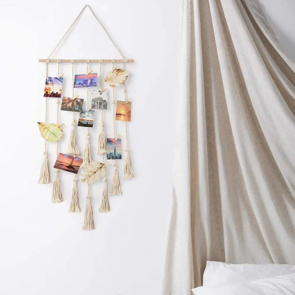 เก็บภาพผ้าฝ้ายเชือกทอ Tapestry กับพู่ Handmade ผมคลิปจี้ประณีตแขวนผนังจี้ของขวัญ