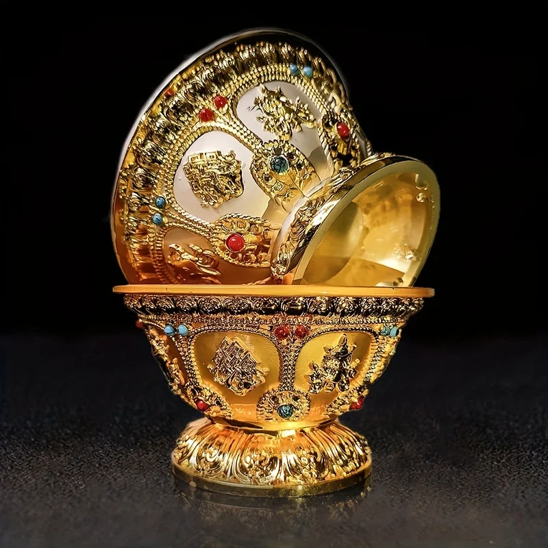 Engraved Gilt Bowl Inlaid Gem Zinc Alloy Auspicious Tibetan Tribute Holy Water Cup Buddhist 9.2 cm Bowl Home\'s Gift Altars Deskt