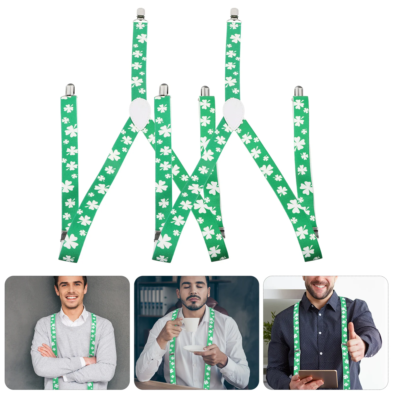 

2Pcs 2.5cm Width Clover Print Suspenders Elastic Adjustable 3 Clip Durable Braces Secure Pants Jeans Trousers Men Women