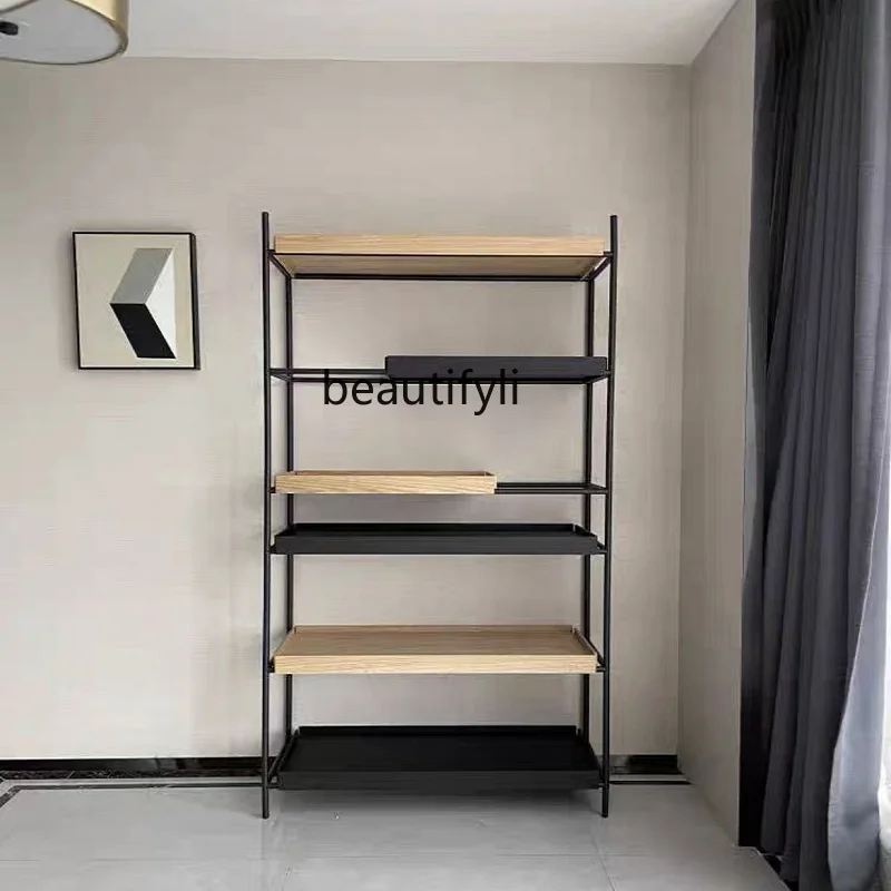 

Nordic Minimalist Steel and Wood Combination Bookshelf Floor-standing Metal Storage Rack Stainless Steel Bookcase Light Luxury