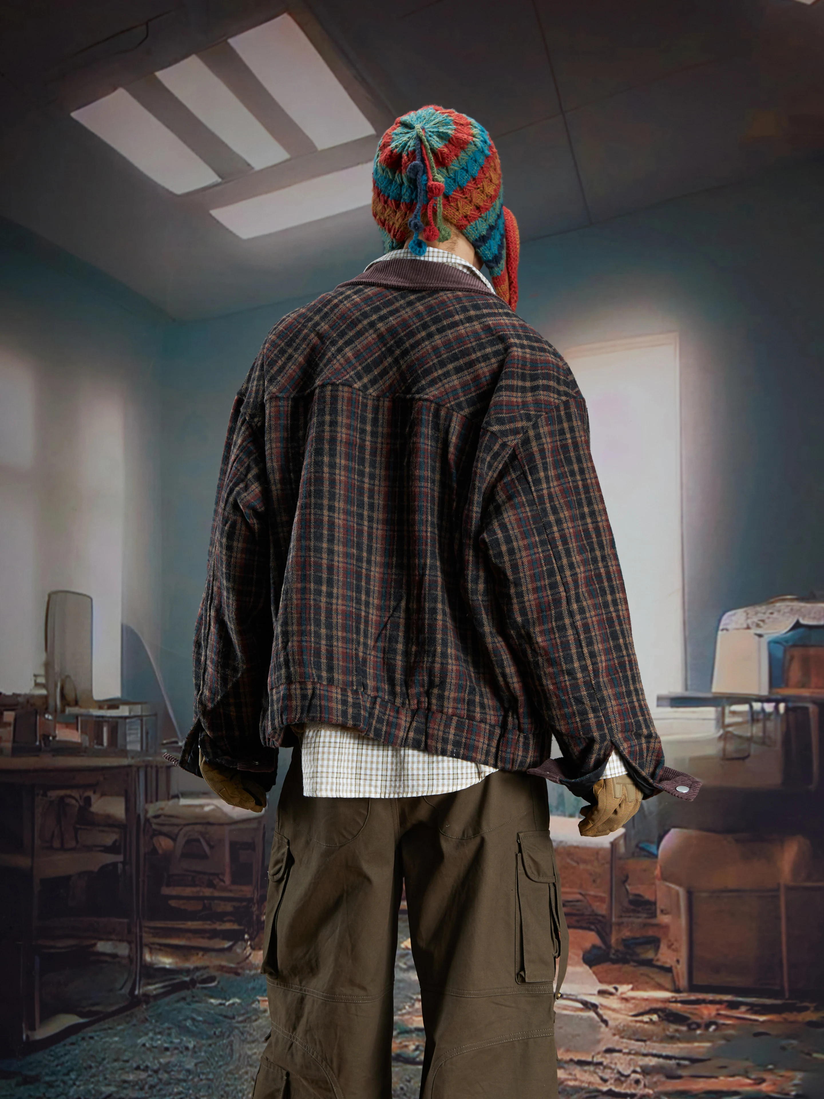 Vintage Woolen Striped Plaid Embroidered Loose Lapels Zip Jacket with Big Pockets Men and Women