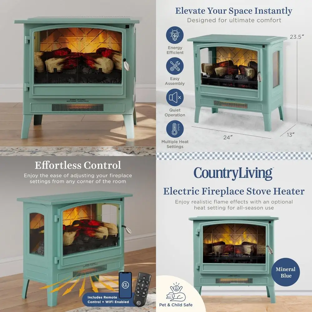 

Infrared Electric Fireplace Heater in Mineral Blue - Freestanding, Multi-Color Flames, Metal Design