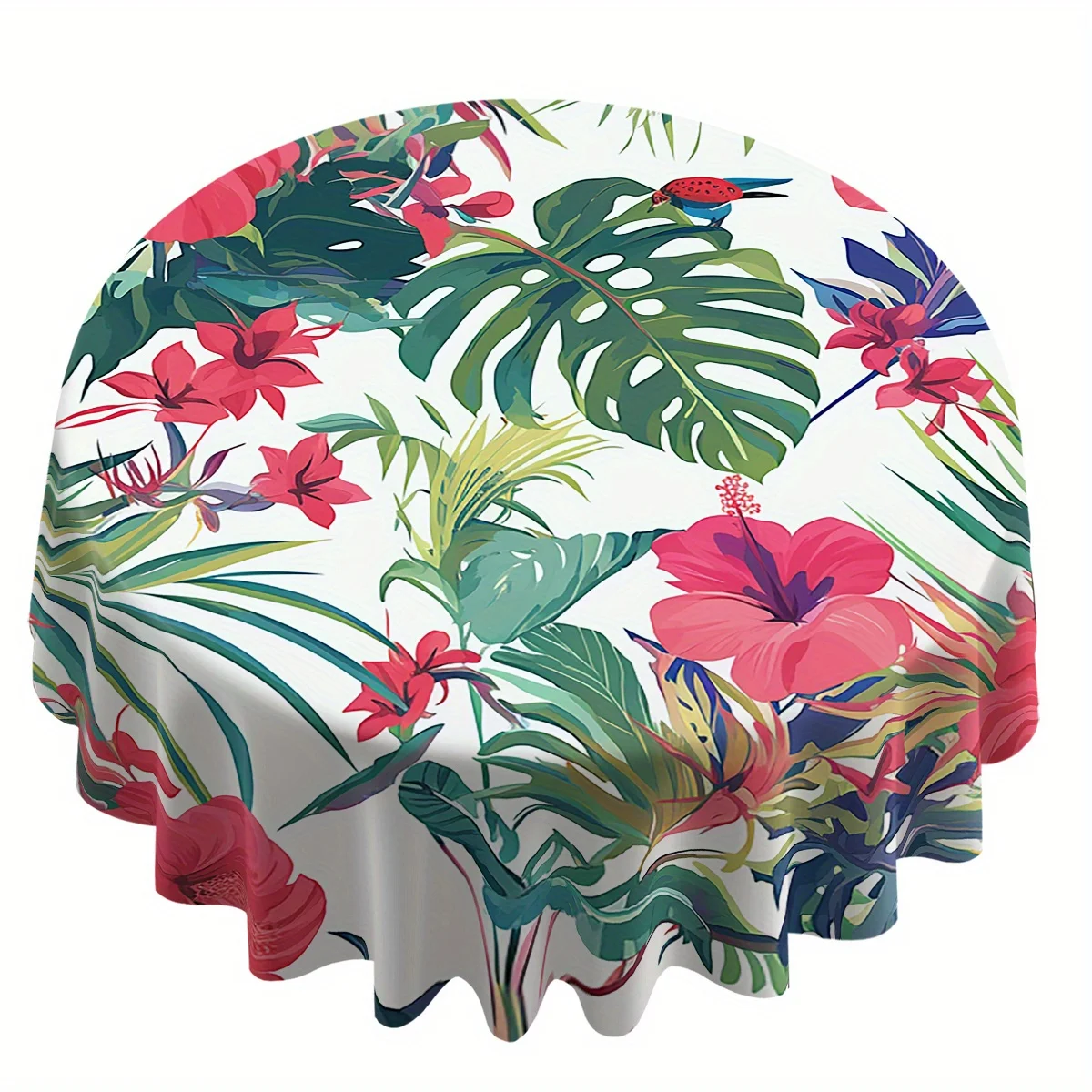 Tropical Hibiscus Tropical Leaf Bird Digital Print Round Tablecloth 60-Inch Machine Fabric Vibrant Red Hibiscus Flowers