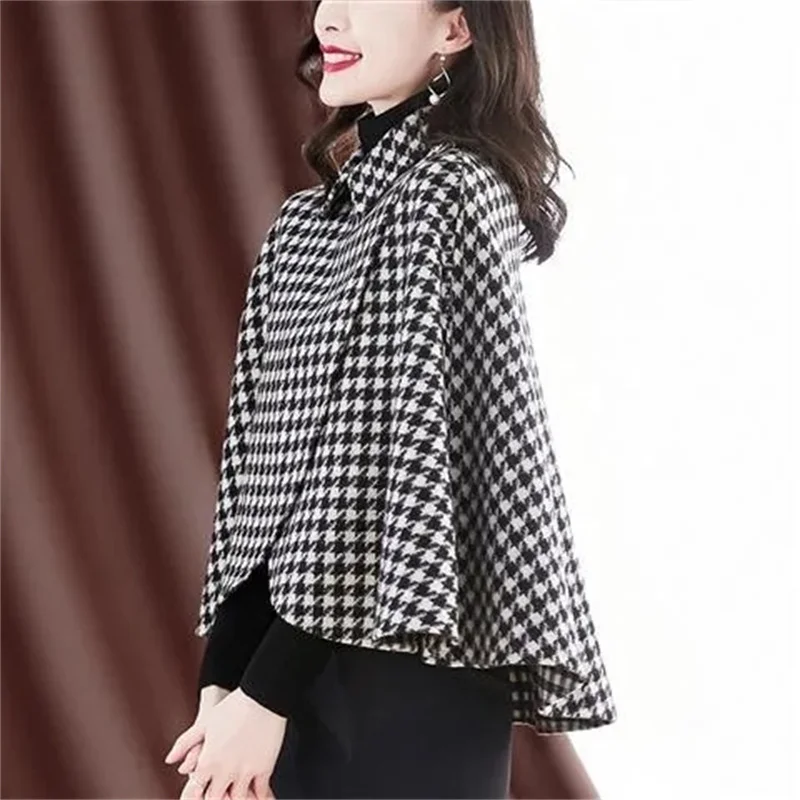 Cloak Woolen Coat Fashion Women Shawl Outerwear 2023 New Autumn Winter Houndstooth Plaid Loose Thin Jacket Tops Female