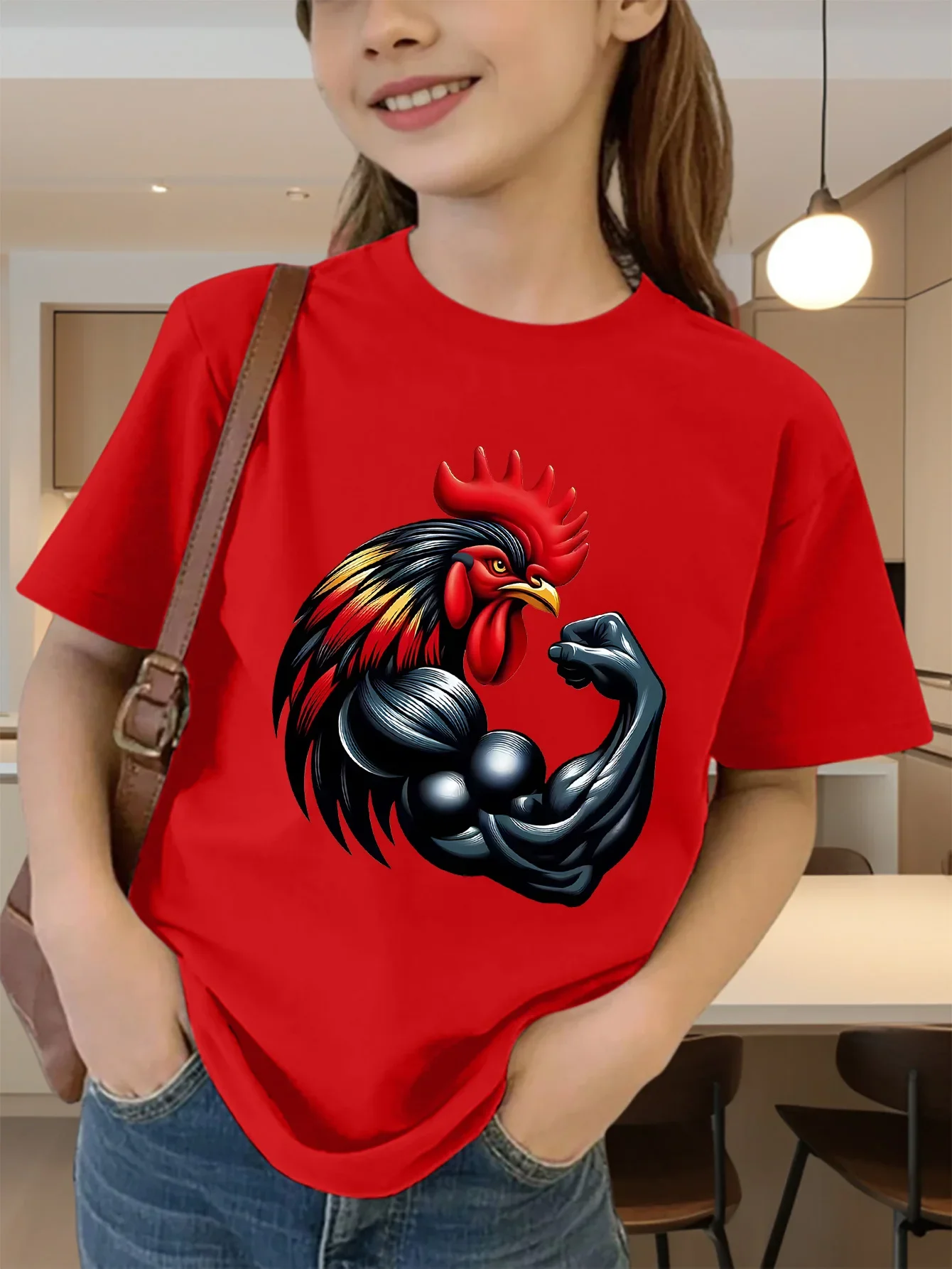 Cute Muscular Rooster Graphic Tee for Kids Cotton Crew Neck Short Sleeve Soft Summer Top Boys Girls Family Matching Options