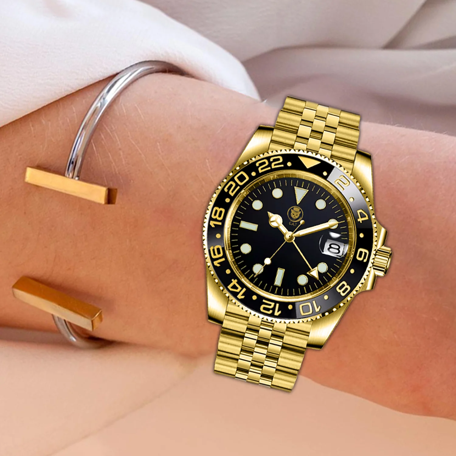 GMT ساعة NH34 ساعات أوتوماتيكية للرجال فاخرة الذهب الفولاذ المقاوم للصدأ مقاوم للماء الأزرق مضيئة للتخصيص ساعة C.A.T WWA0007
