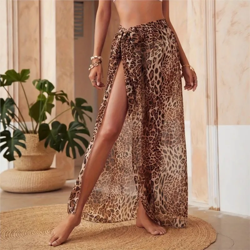 กระโปรงชีฟองผู้หญิงฤดูร้อนใหม่เสือดาวพิมพ์ชายหาดกระโปรงยาววันหยุดตาข่าย Tie-DYE STRAP ครีมกันแดด Wrap กระโปรงเสื้อผู้หญิง