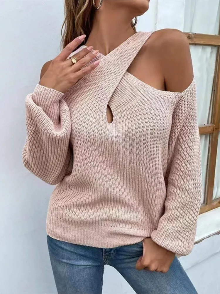 Women\'s Autumn And Winter New Solid Color Shoulder Drop Cross Neck Sweater Lantern Sleeve Knitted Sweater